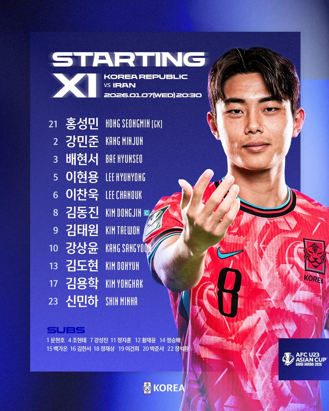 2025 AFC U-23 아시안컵 이란전 대한민국 선발 라인업. /사진=대한축구협회 제공