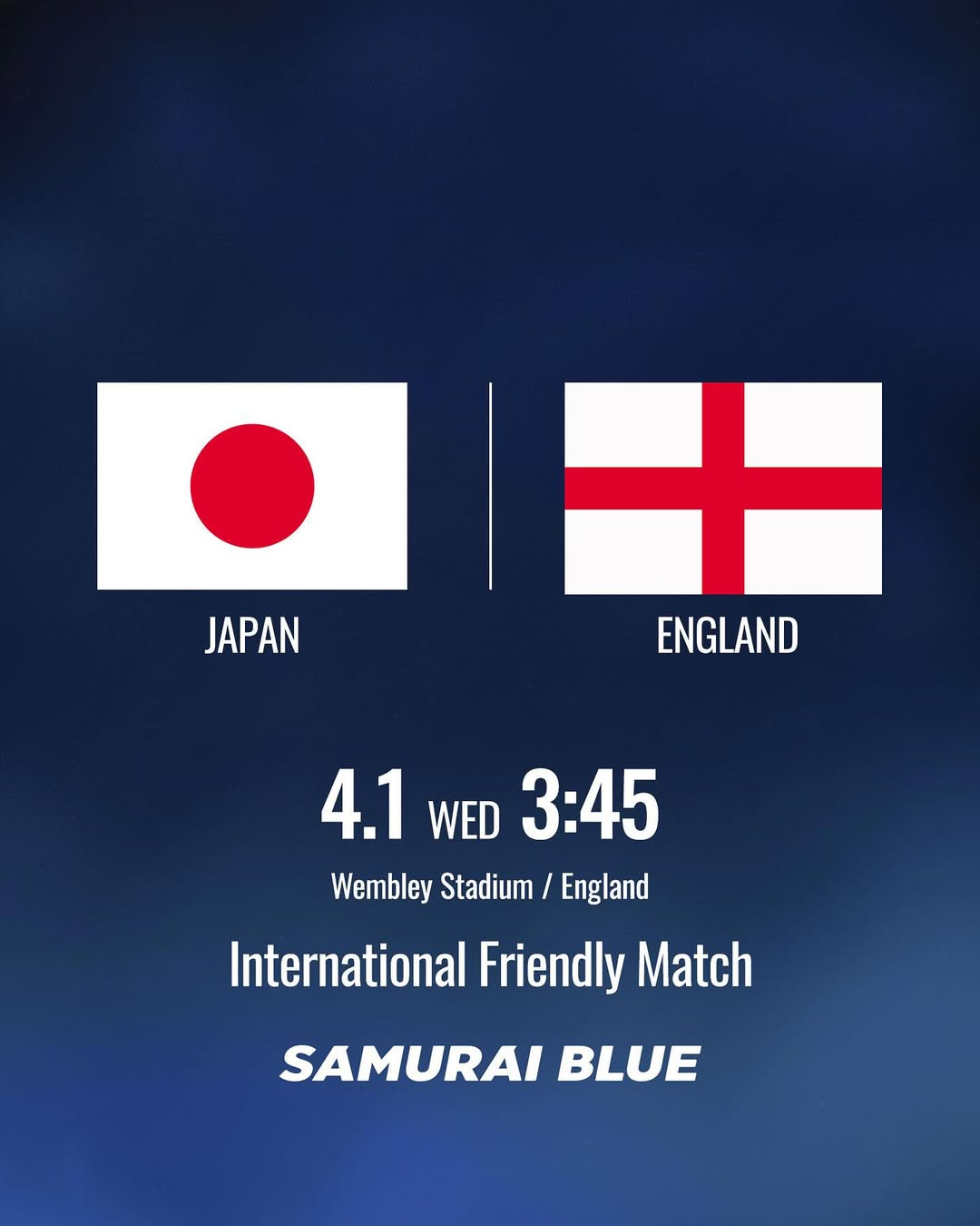 오는 4월 1일 오전 3시 45분 잉글랜드 웸블리 스타디움에서 FIFA 랭킹 4위 잉글랜드와 평가전을 치르는 일본. /사진=일본축구협회 SNS 캡처