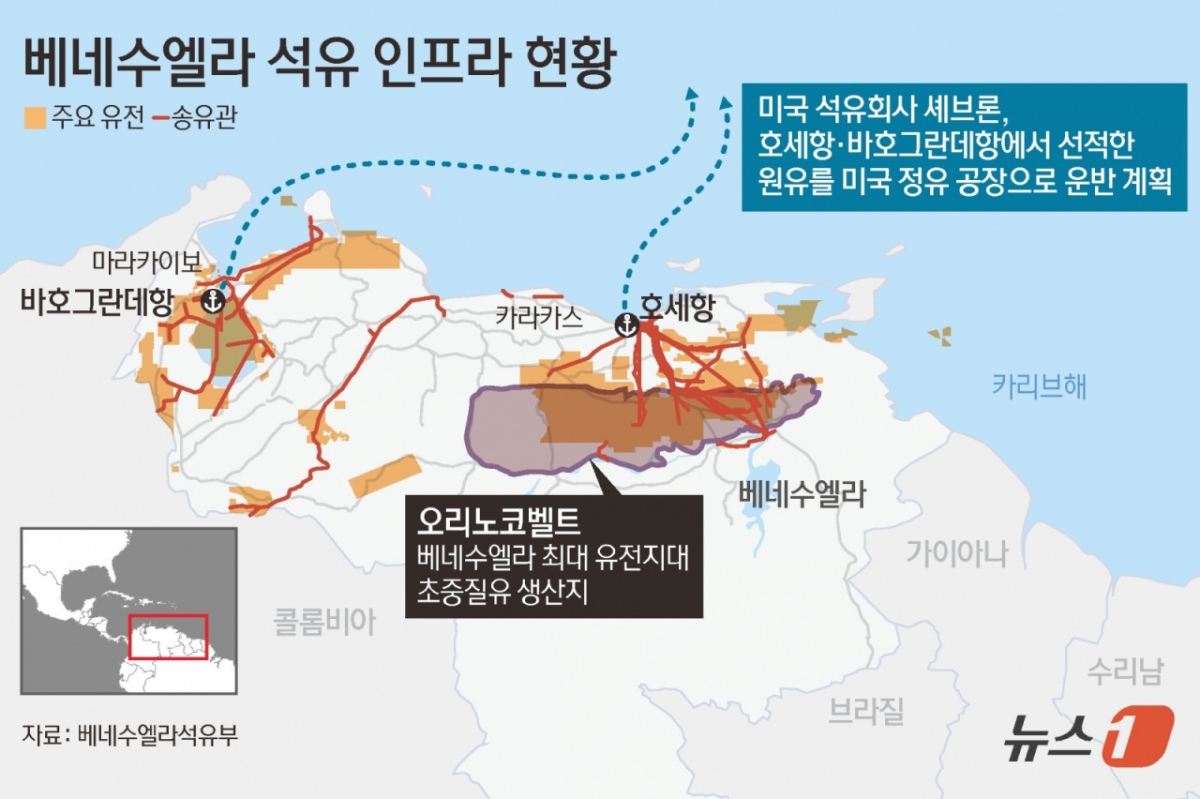 (서울=뉴스1) 김초희 디자이너 = 도널드 트럼프 미국 대통령이 6일(현지시간) 베네수엘라가 석유를 미국에 인도할 것이라고 밝혔다. 트럼프 대통령은 이날 소셜미디어 트루스소셜을 통해 "베네수엘라 임시정부가 3000만~5000만 배럴의 고품질 제재 대상 석유를 미국에 인도할 것임을 발표하게 되어 기쁘다"고 말했다.  Copyright © 뉴스1 