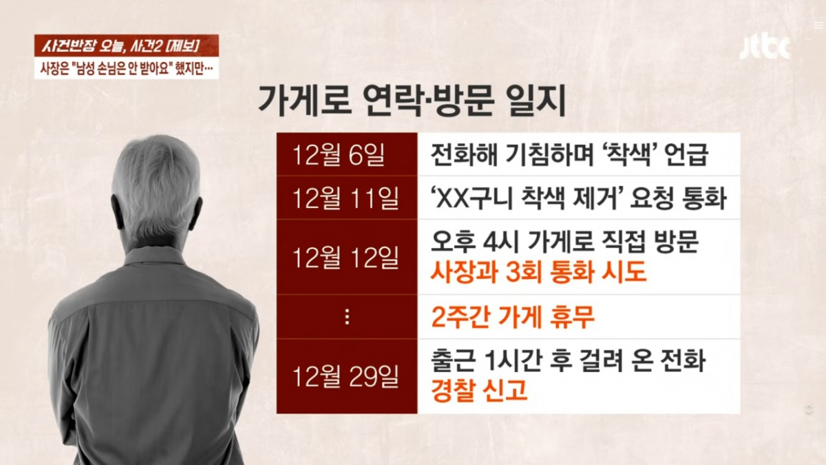여성 고객을 상대로 착색 관리를 해주는 1인 가게 사장이 전화로 민감한 부위 시술을 문의했던 할아버지가 실제 찾아왔다며 두려움을 호소했다./사진=JTBC '사건반장'
