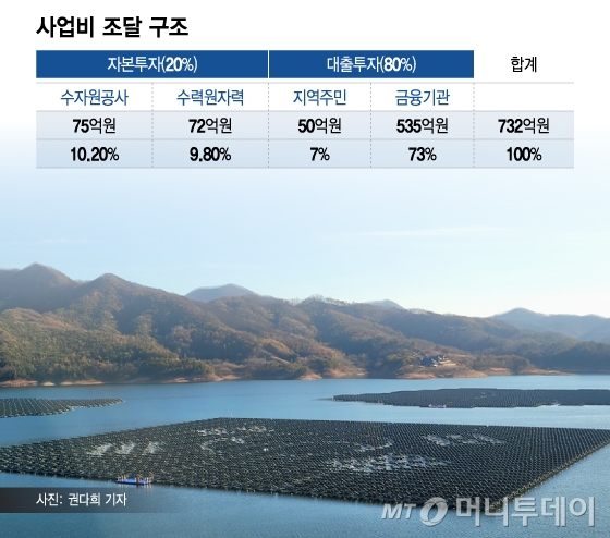사업비 조달 구조/그래픽=이지혜(임동면 일대의 수상태양광 일부 모습/사진 = 권다희 기자)