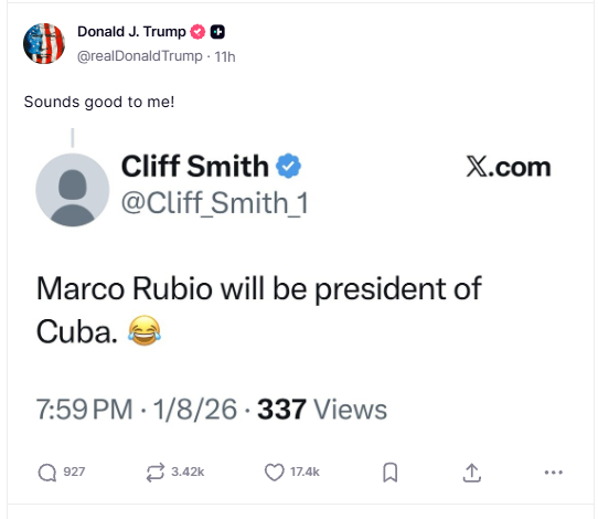 마크 루비오 국무장관이 다음 쿠바 대통령이 될 수 있다는 글을 공유하며 "좋은 생각"이라고 자신의 코멘트를 덧붙인 도널드 트럼프 대통령/사진=트루스소셜.
