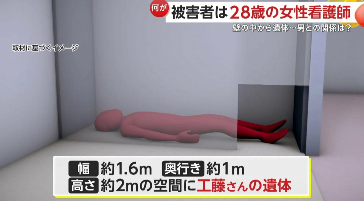 마츠쿠라 도시히코(49)가 운영하던 일본 홋카이도한 술집 벽 안에서 간호사 쿠도 히나노(28)의 시신이 발견됐다./사진=일본 TBS 방송 화면 