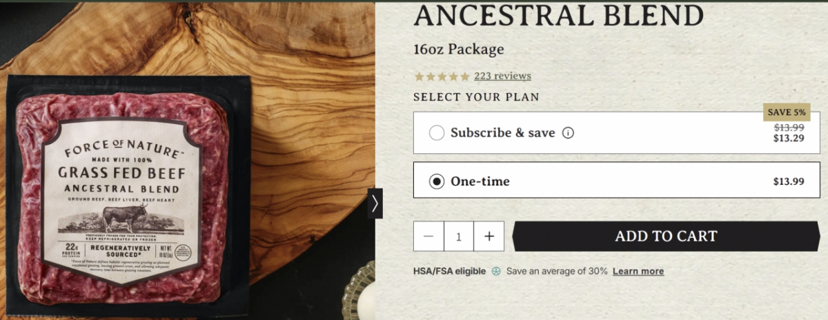 소 간과 소 심장이 8% 포함된 내장 혼합육이 16온스에 13.99달러에 팔리고 있다./사진=포스오브네이처