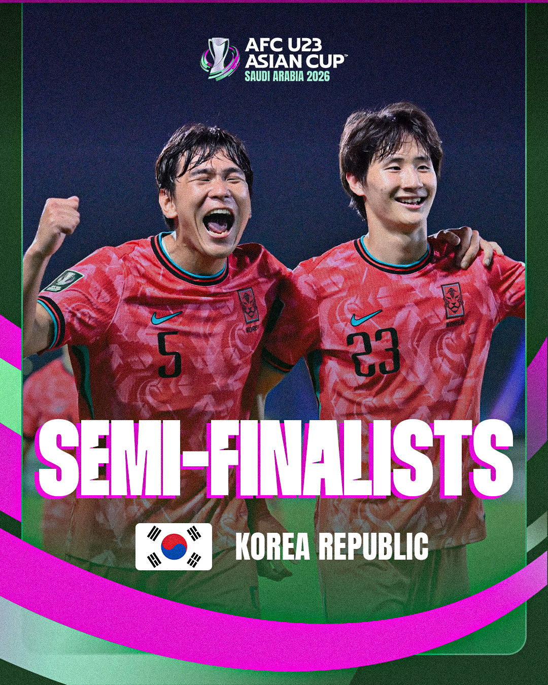 2026 아시아축구연맹(AFC) U-23 아시안컵 4강에 오른 대한민국 축구 대표팀. 사진은 이현용(왼쪽)과 신민하. /사진=AFC SNS 캡처