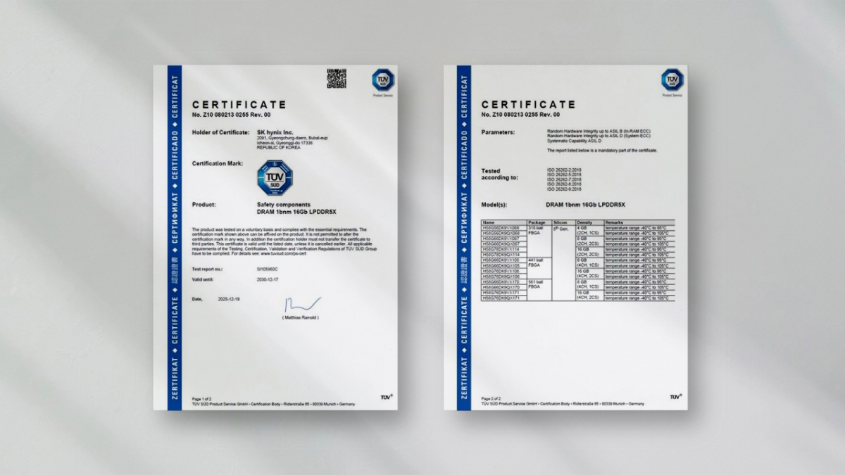 SK하이닉스 LPDDR5X ISO 26262 제품 인증서./사진 제공=SK하이닉스