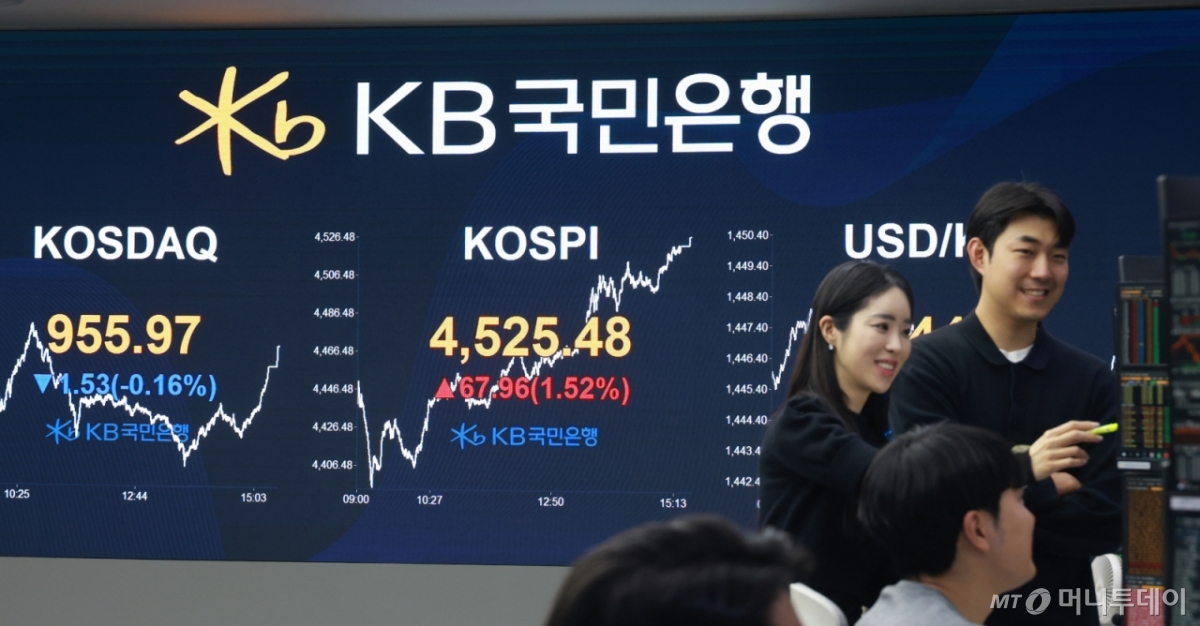 코스피가 전 거래일(4457.52) 보다 67.96포인트(1.52%) 오른 4525.48에 마감한 6일 서울 여의도 kb국민은행 딜링룸에서 관계자들이 업무를 보고 있다.   코스닥 지수는 전 거래일(957.50) 보다 1.53포인트(0.16%) 내린 955.97에 장을 마쳤다. 서울 외환시장에서 원·달러 환율은 전 거래일 주간거래 종가(1443.8)보다 1.7원 오른 1445.5원에 마감했다. 2026.01.06. /사진=뉴시스 /사진=고승민