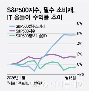 S&P500지수, 필수 소비재, IT 올들어 수익률/그래픽=최헌정
