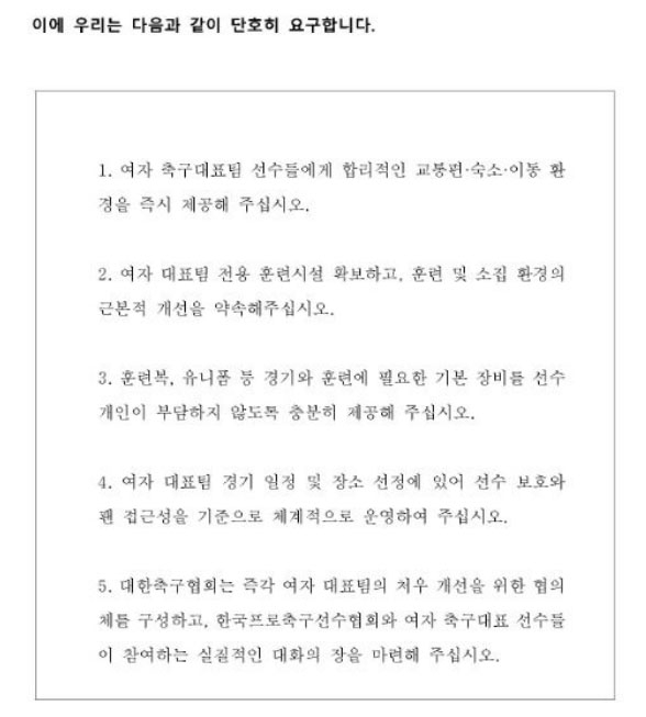 대한민국 여자 축구대표팀이 한국프로축구선수협회와 함께 발표한 성명서 중 처우 개선 요구사항. /사진=한국프로축구선수협회 제공