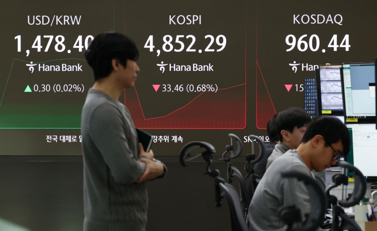 (서울=뉴스1) 최지환 기자 = 그린란드 사태 충격으로 미국 증시가 일제히 급락한 21일 오전 서울 중구 하나은행 본점 딜링룸 전광판에 코스피 지수가 전 거래일 대비 33.46p(0.68%) 하락한 4,852.29를 기록하고 있다. 2026.1.21/뉴스1  Copyright © 뉴스1. All rights reserved. 무단 전재 및 재배포,  AI학습 이용 금지. /사진=(서울=뉴스1) 최지환 기자