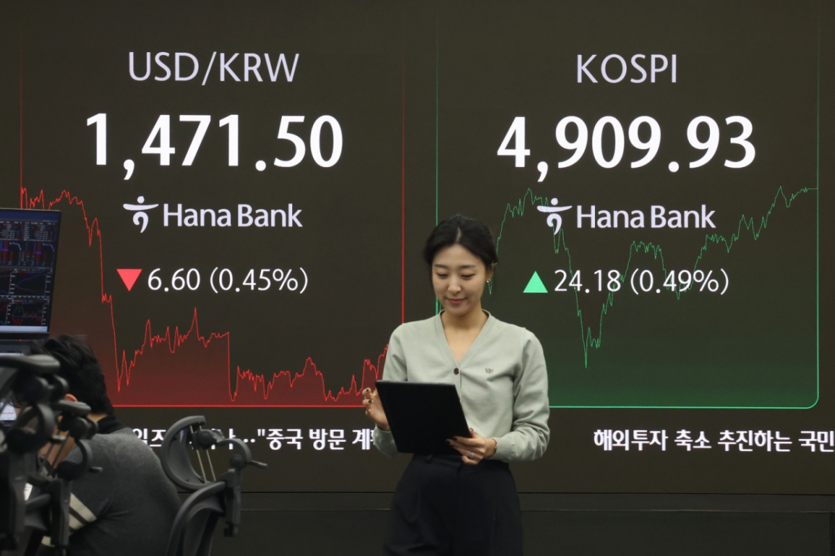 (서울=뉴스1) 이광호 기자 = 코스피가 장중 등락을 반복하다 4900대에서 장을 마감한 21일 오후 서울 중구 하나은행 본점 딜링룸 현황판에 코스피 지수가 전장 대비 24.18포인트(0.49%) 상승한 4,909.03을 나타내고 있다. 이날 원달러환율은 6.60원(0.45%)하락한 1,471.50원에 거래되고 있다. 2026.1.21/뉴스1 Copyright © 뉴스1. All rights reserved. 무단 전재 및 재배포, AI학습 이용 금지. /사진=(서울=뉴스1) 이광호 기자