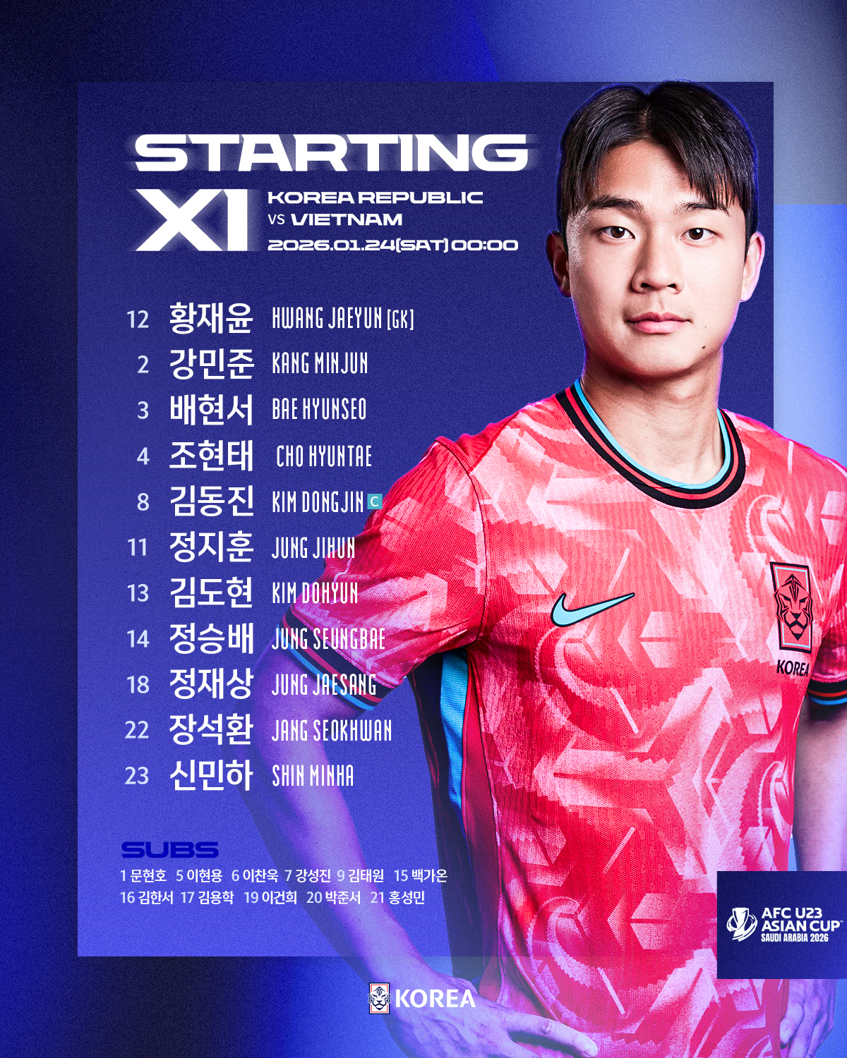 2026 AFC U-23 아시안컵 3위 결정전 베트남전 대한민국 선발 라인업. /사진=대한축구협회 제공