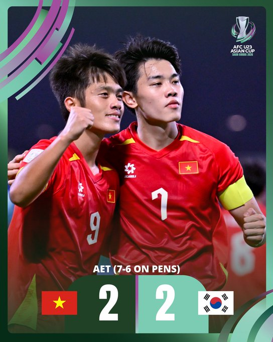 한국 U23과 베트남 U23의 24일(한국시간) 사우디아라비아 제다의 킹 압둘라 스포츠 시티 홀 스타디움에서 열린 2026 아시아축구연맹(AFC) U-23 아시안컵 3위 결정전 경기 결과. /사진=아시아축구연맹(AFC) 공식 사회관계망서비스(SNS)