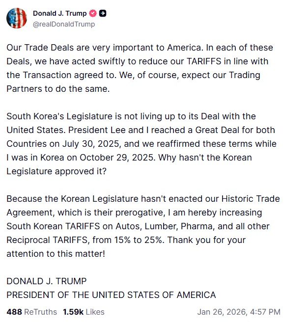 /도널드 트럼프 미국 대통령 소셜미디어(SNS) 트루스소셜 캡쳐.