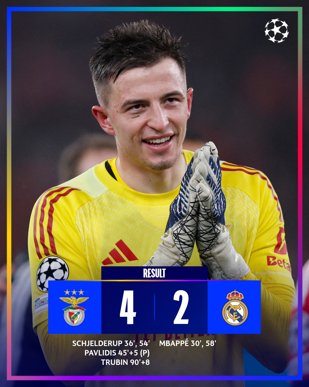 SL벤피카와 레알 마드리드의 경기 결과. 챔피언스리그 리그 페이즈 최종전에서 극적인 득점을 터트린 골키퍼 아나톨리 트루빈. /사진=유럽축구연맹(UEFA) 챔피언스리그(UCL) 공식 사회관계망서비스(SNS)