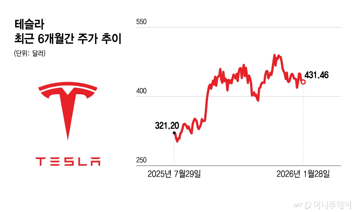 테슬라 최근 6개월간 주가 추이/그래픽=윤선정