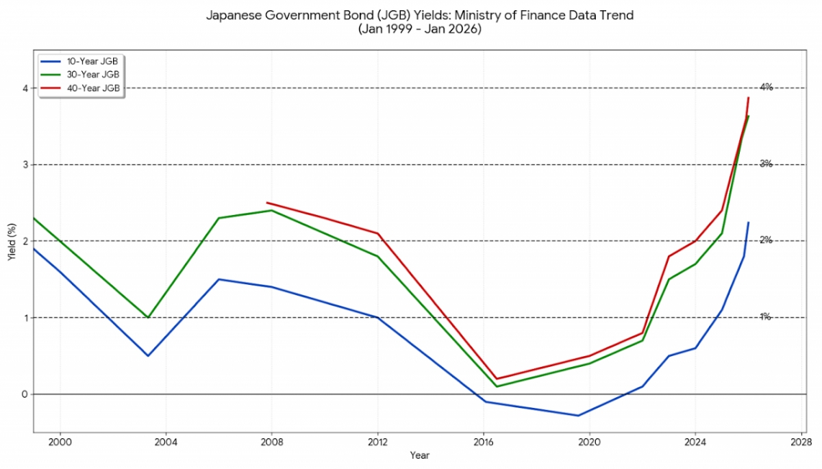 일본국채(JGB) 10년(파랑색) · 30년(초록색) · 40년(빨강색) 만기 금리의 1999년 1월부터 2026년 1월까지 변동 추이 / 자료=일본 재무성(MOF)