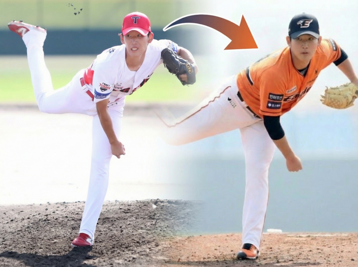 왼쪽은 양수호가 KIA 타이거즈에 소속된 2025년 투구하는 모습. 오른쪽은 인공지능(AI)을 활용해 합성한 한화 이글스 유니폼을 입은 양수호의 모습. /사진=KIA 타이거즈, 한화 이글스 제공, 이미지 인공지능(AI) 활용 합성