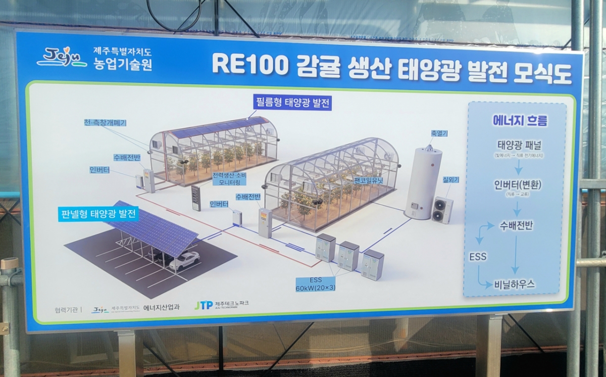 하우스 외부에 설치된 RE100 감귤 생산 태양광 발전 모식도/사진=권다희 기자 