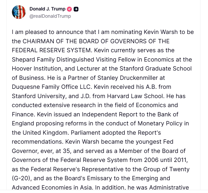 30일(현지시간) 케빈 워시 연방준비제도 의장 지명을 발표한 트럼프 미 대통령의 메시지/사진= 트루스소셜 