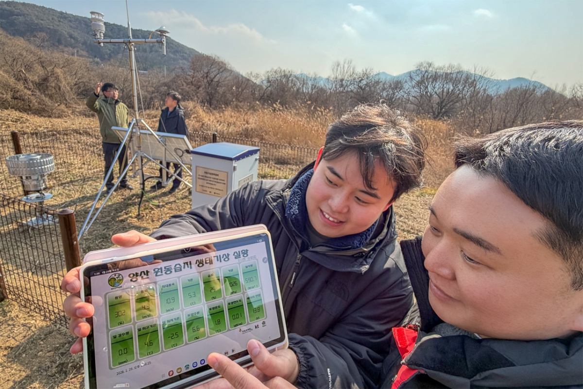 KT가 세계 습지의 날을 맞아 국립생태원의 환경 연구를 지원하기 위해 경상남도 양산시 원동습지에 KT의 통신 기술에 기반을 둔 자동기상관측장비를 설치했다./사진=KT