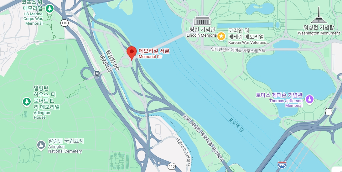 트럼프 대통령의 '미국 독립문'(트럼프 개선문) 예정지(붉은표시). 워싱턴DC와 알링턴국립묘지를 잇는 메모리얼서클(교차로) 지역이다./사진=구글맵 