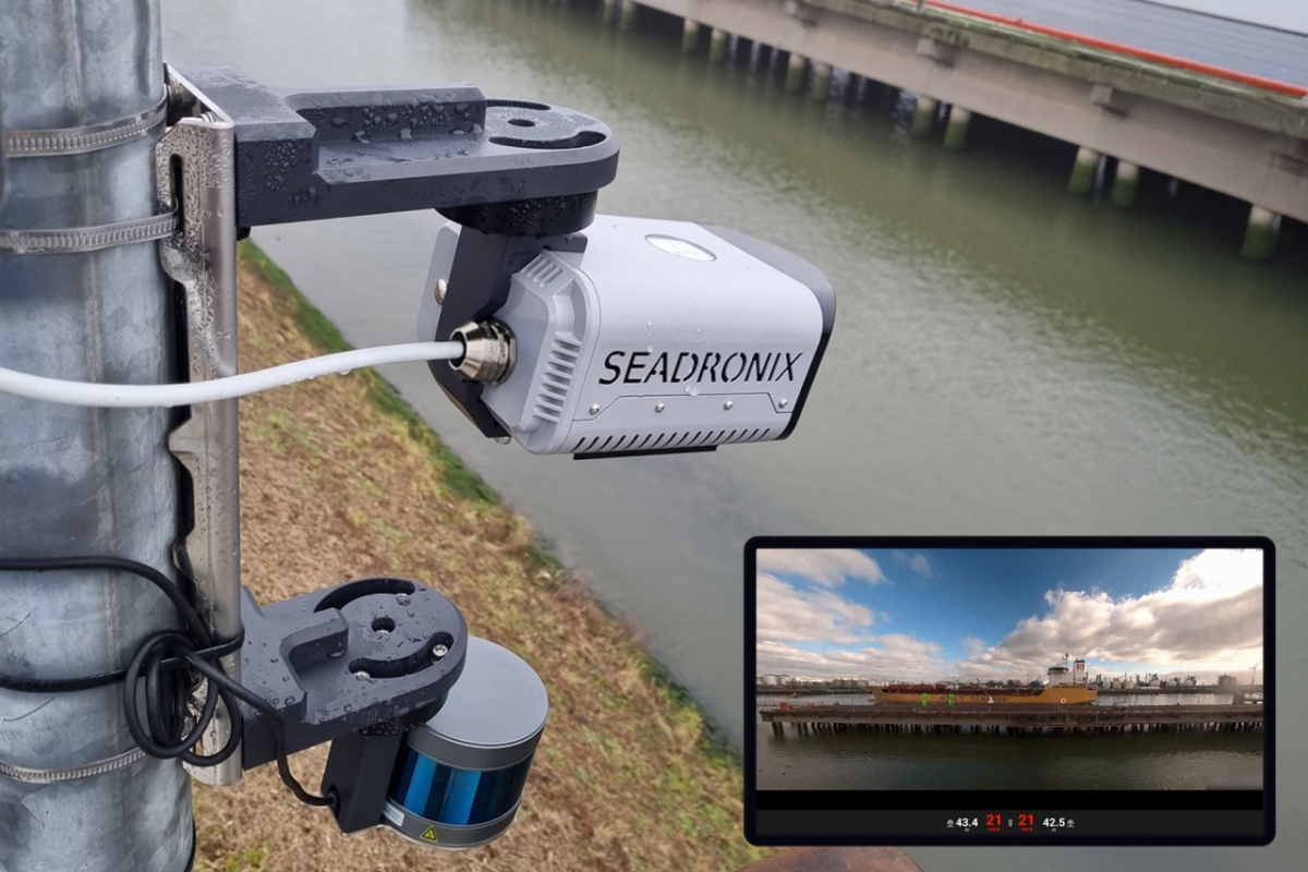 스톨트 탱커스 부두에 설치된 씨드로닉스의 AI 항만 관리 모니터링 시스템(AVISS) 센서 모듈과 실제 구동 중인 사용자 UI 화면/사진=씨드로닉스