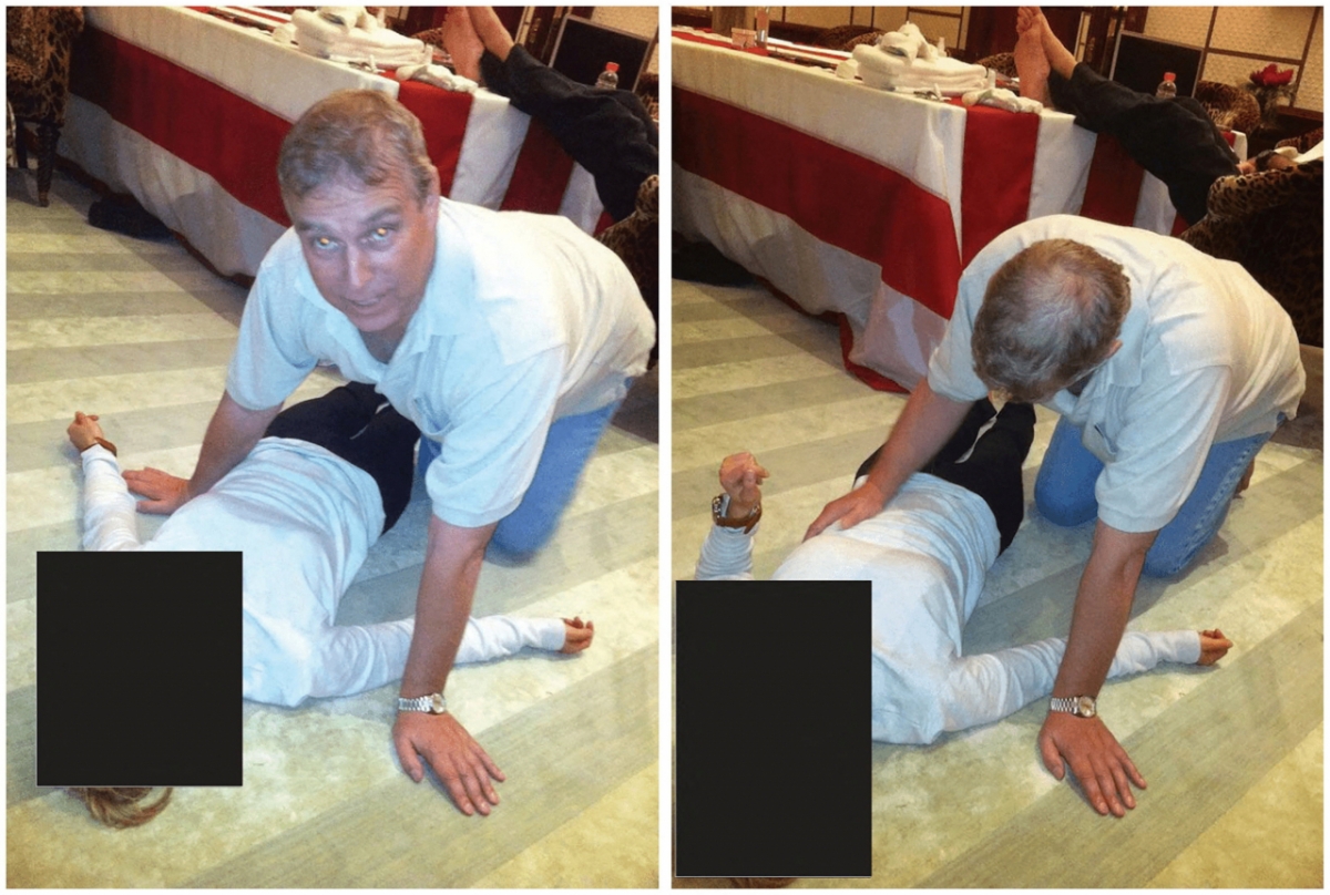 지난 30일(현지시간) 미 법무부가 추가 공개한 엡스타인 파일에서 앤드루 마운트배튼윈저로 보이는 남성이 여성의 신체를 몸 아래에 두고 바닥에 무릎을 꿇은 자세를 취하고 있는 사진./로이터=뉴스1