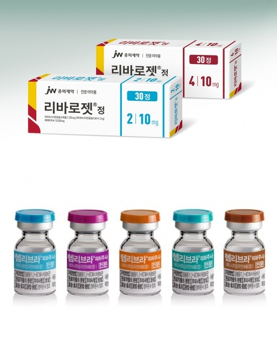 피타바스타틴 기반의 이상지질혈증 복합성분 개량신약 ‘리바로젯’(사진 위쪽)과 혈우병치료제 ‘헴리브라’./사진=JW중외제약