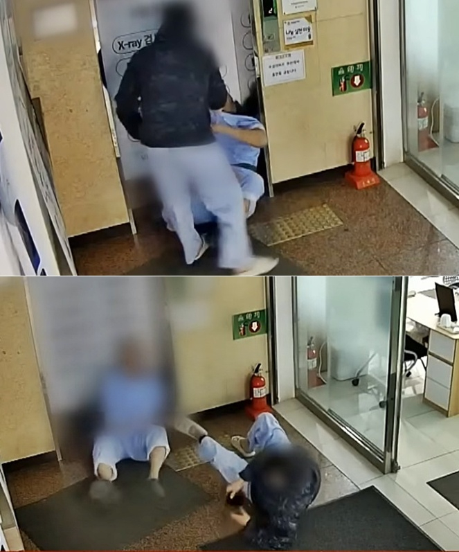 재활 치료를 받던 환자가 병원에서 쳐다봤다는 이유로 폭행당하는 모습이 공개됐다./사진=JTBC '사건반장'