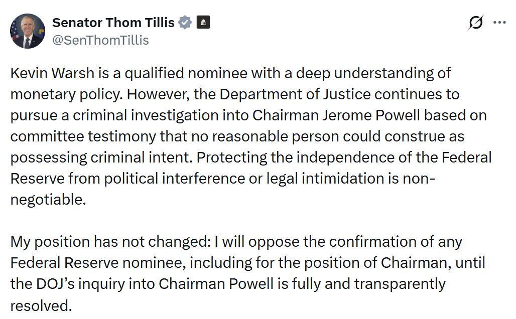 /사진=톰 틸리스 공화당 상원의원(노스캐롤라이나) X 계정