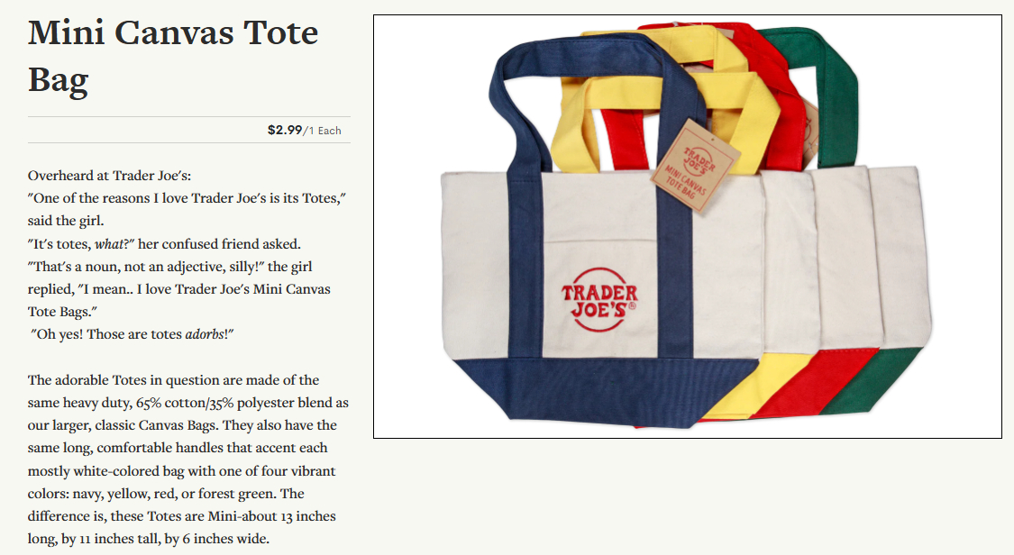 미국 대형마트 트레이더 조 홈페이지 내 ''캔버스 토트백' 소개 글/사진=트레이더 조 홈페이지