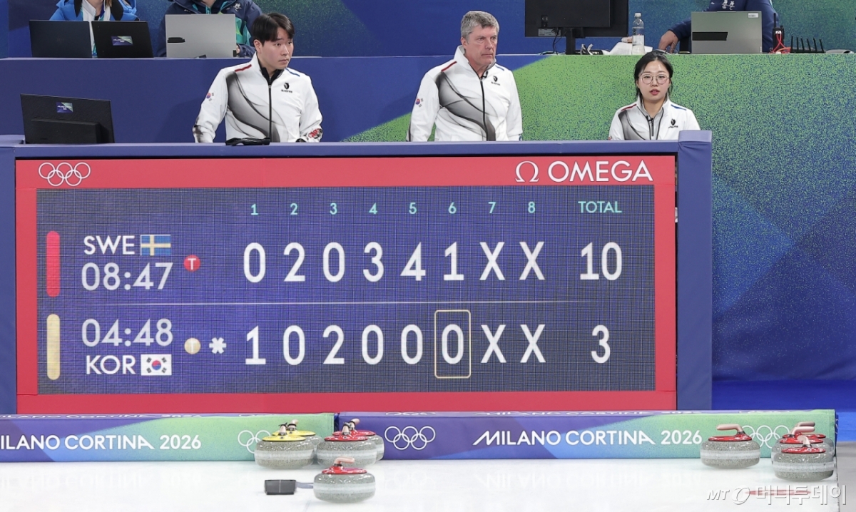 컬링 믹스더블 김선영이 4일(현지 시간) 이탈리아 코르티나담페초 컬링 올림픽 스타디움에서 열린 컬링 믹스더블 라운드 로빈 경기에서 3-10으로 패배한 후 아쉬워하고 있다. /코르티나담페초=뉴스1