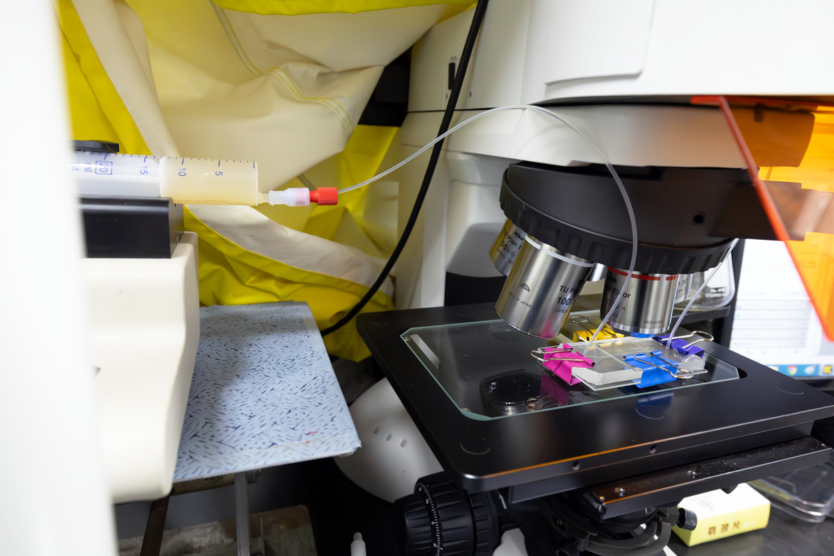 오염물 섞인 흙탕물을 미세유체칩에 흘려 오염물질을 추출하는 모습 /사진=한국화학연구원