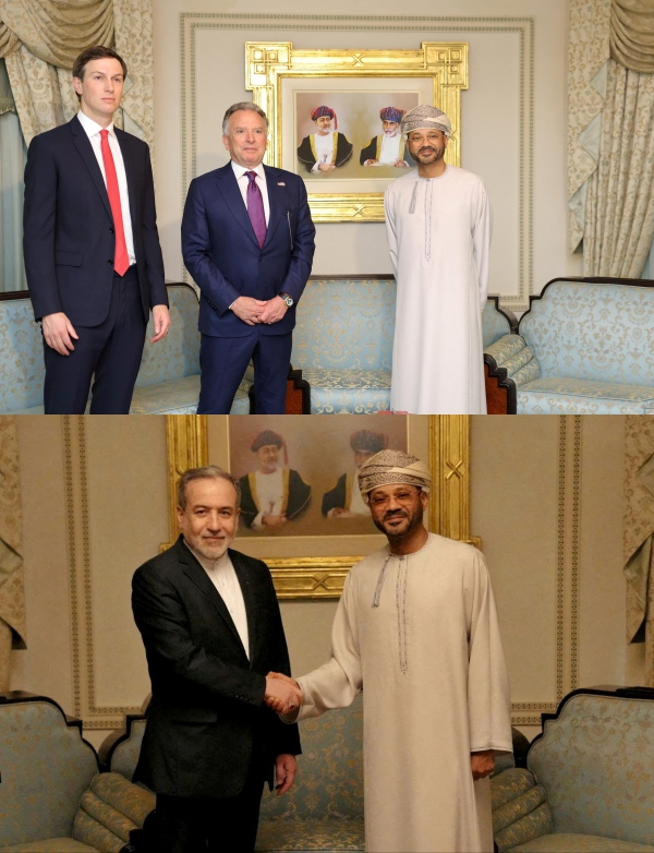 바드르 알부사이디 오만 외무장관(오른쪽)이 6일(현지시간) 오만 수도 무스카트에서 미국(위)과 이란 핵협상 대표단과 각각 만나 기념사진을 찍고 있다. 지난해 6월 이후 8개월만에 재개된 미국과 이란의 핵 협상은 알부사이디 장관이 양측을 오가면 말을 전하는 간접 형식으로 이뤄졌다. /로이터=뉴스1