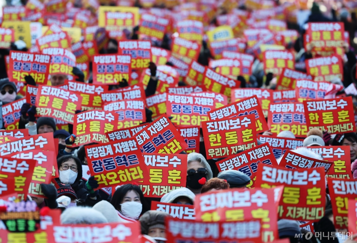 (서울=뉴스1) 오대일 기자 = 국민의힘에서 제명된 한동훈 전 대표 지지자들이 31일 오후 서울 여의도공원 앞에서 열린 당 지도부 규탄 집회에서 '부당징계 규탄' 구호를 외치고 있다. 2026.1.31/뉴스1  Copyright © 뉴스1. All rights reserved. 무단 전재 및 재배포,  AI학습 이용 금지. /사진=(서울=뉴스1) 오대일 기자