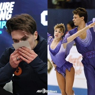 부모님 사진에 입을 맞추는 막심 나우모프(왼쪽). 피겨 선수로 활동했던 바딤 나우모프와 예브게니아 시시코바(오른쪽). /AFPBBNews=뉴스1