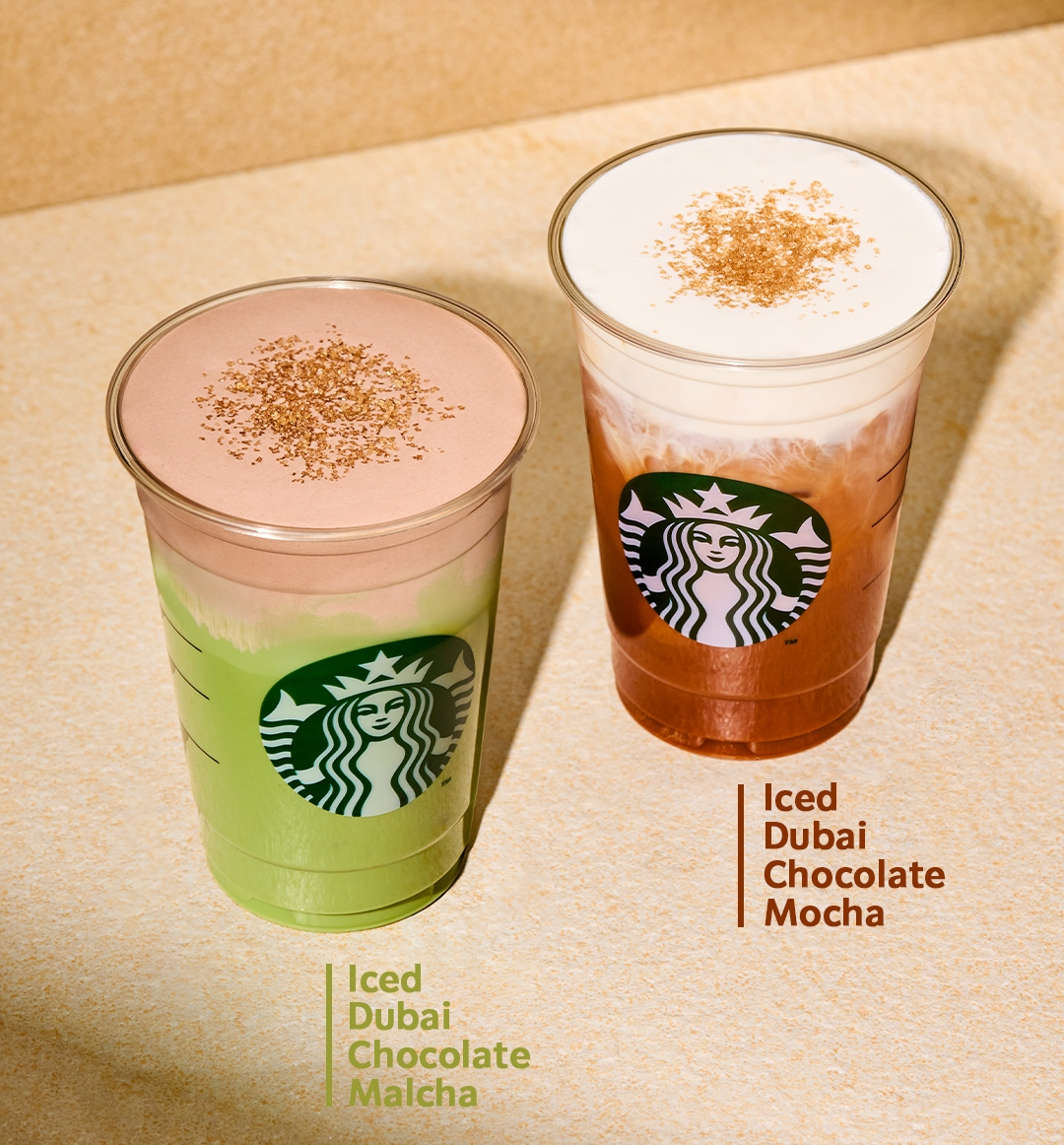 스타벅스 신제품 '아이스 두바이 초콜릿 말차'(왼쪽)와 '아이스 두바이 초콜릿 모카'(오른쪽) /사진제공=스타벅스 코리아