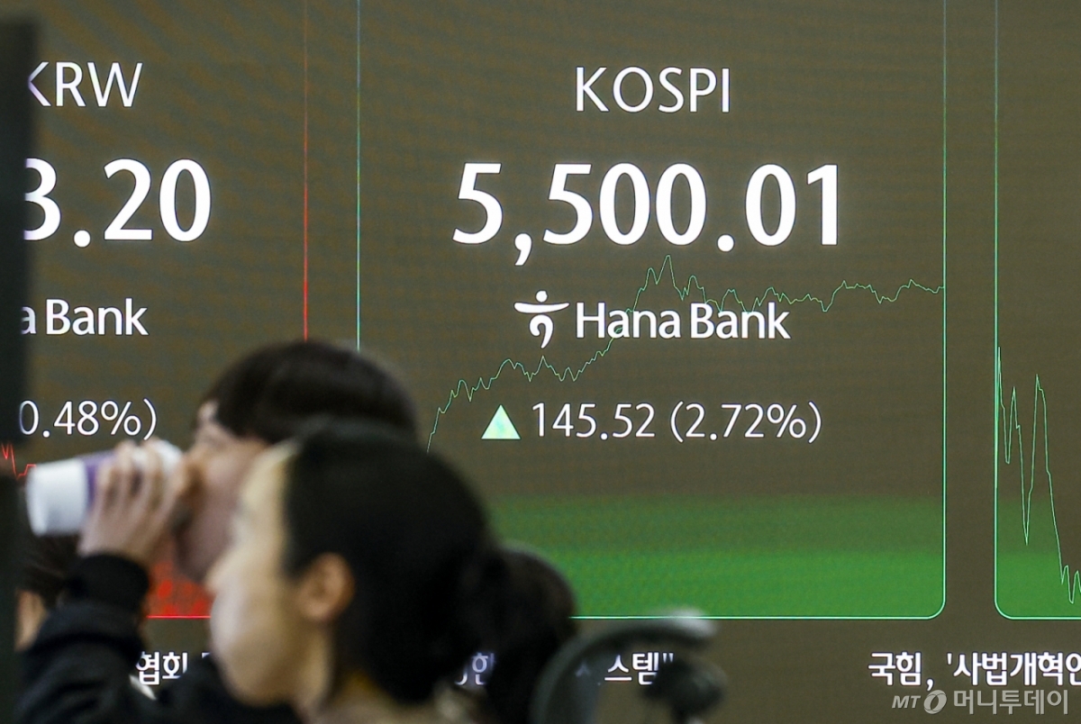 [서울=뉴시스] 정병혁 기자 = 코스피가 장중 5500선을 돌파한 12일 서울 중구 하나은행 딜링룸 전광판에 코스피  시황이 표시되어 있다. 2026.02.12./사진=정병혁