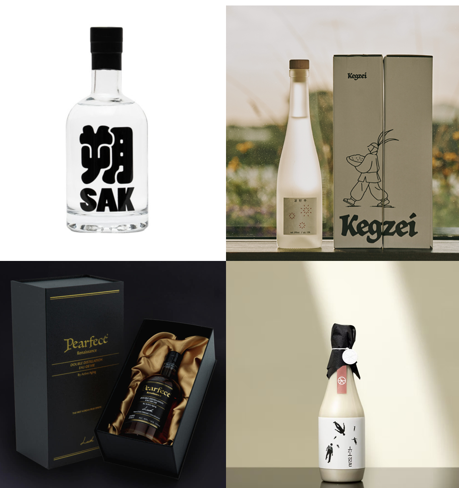 공사양조 프리미엄 증류주 '삭', 객제 '감탄주', 초월 막걸리, 래부보틀 '피어펙트'. /사진=각사 홈페이지 캡처.