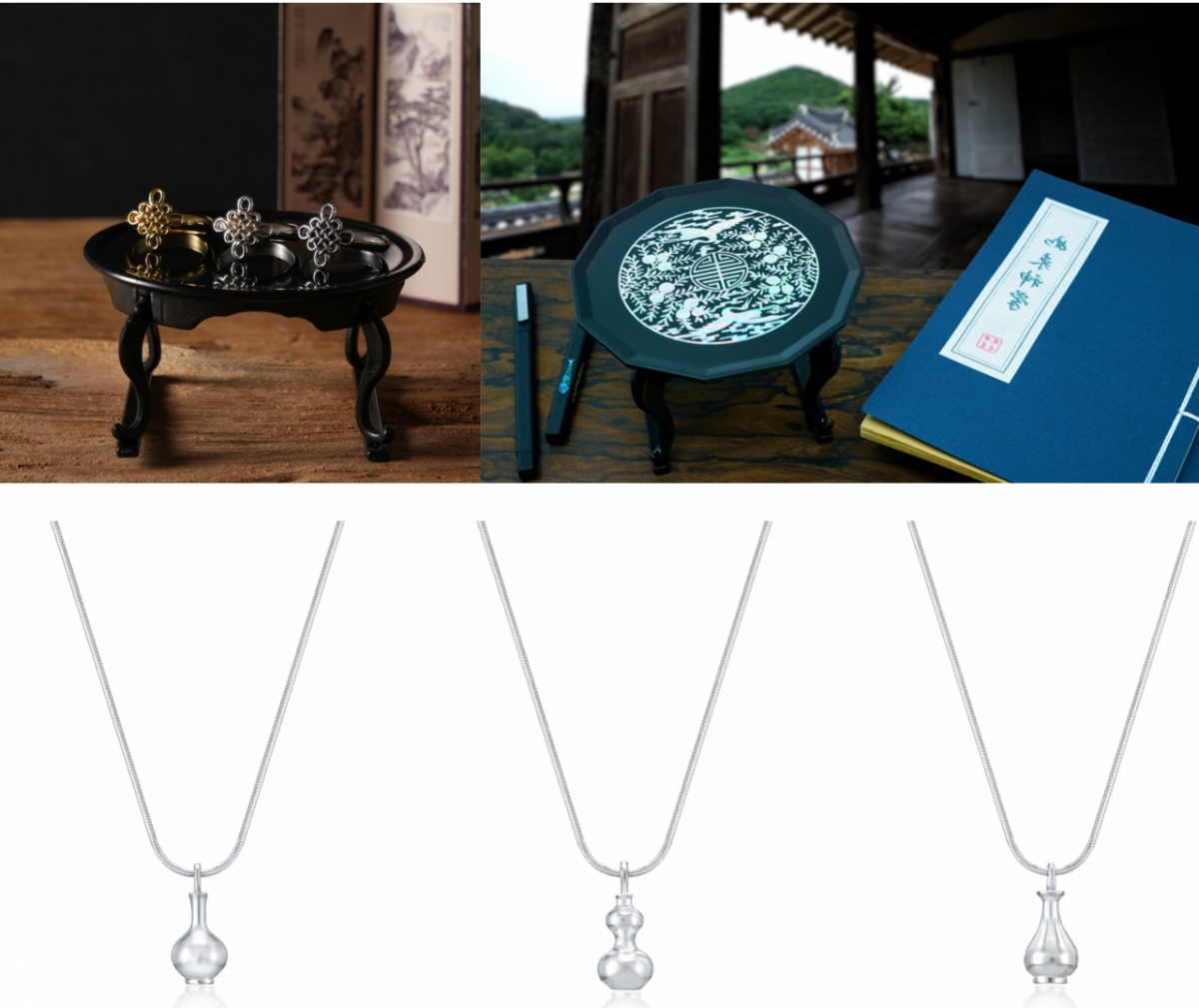 (시계방향 순으로)크로우의 매듭 모티브 반지, 쉘랑코리아의 자개 소반 무선충전기, 아틀리에 다린의 ARI컬렉션./사진=각사 홈페이지