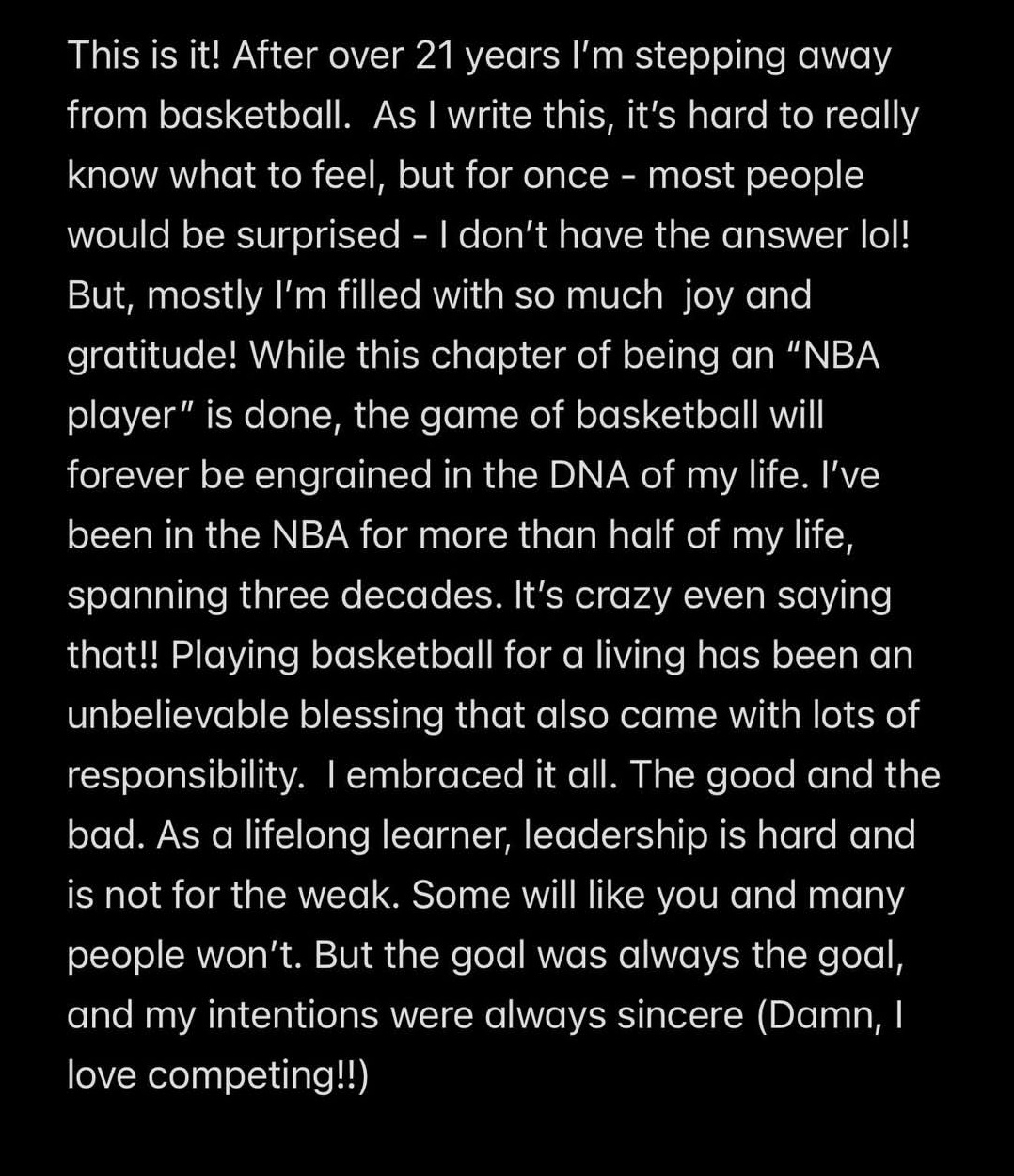 개인 SNS에 공식 은퇴를 선언한 크리스 폴. /사진=크리스 폴 개인 사회관계망서비스(SNS) 갈무리