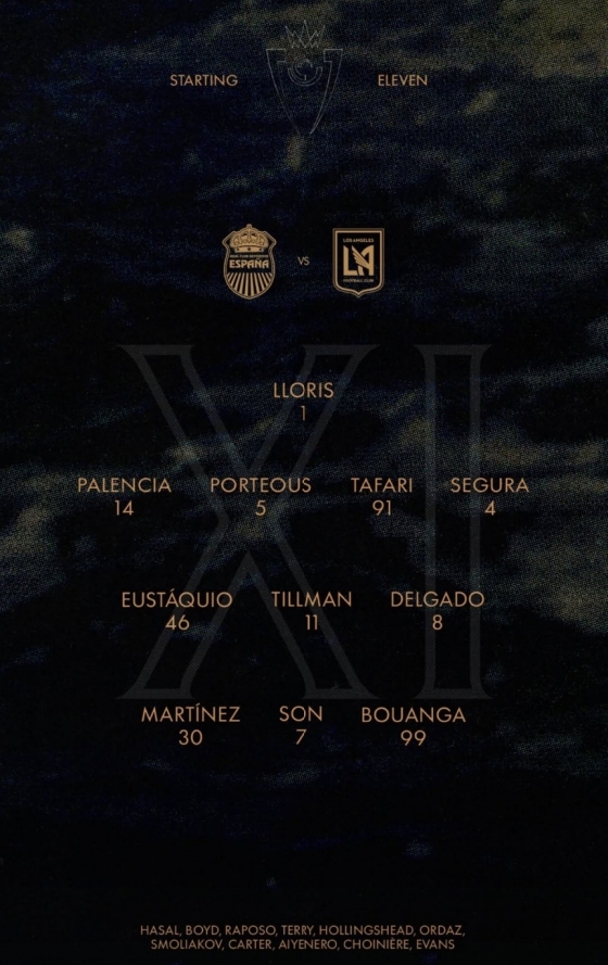 LAFC의 레알 에스파냐전 선발 라인업. 4-3-3 포메이션 중앙 공격수로 출전하는 손흥민. /사진=로스앤젤레스FC(LAFC) 공식 사회관계망서비스(SNS)