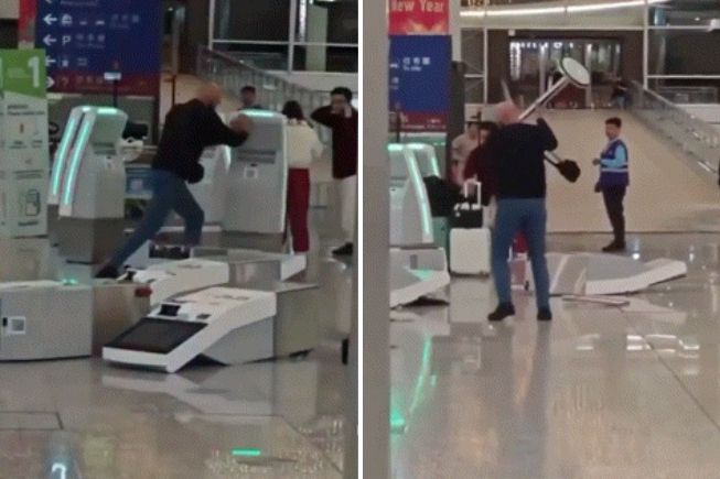 홍콩 국제공항 출국장에서 한 남성이 키오스크를 파손하며 난동 부리는 모습. /사진=뉴시스(엑스 갈무리)