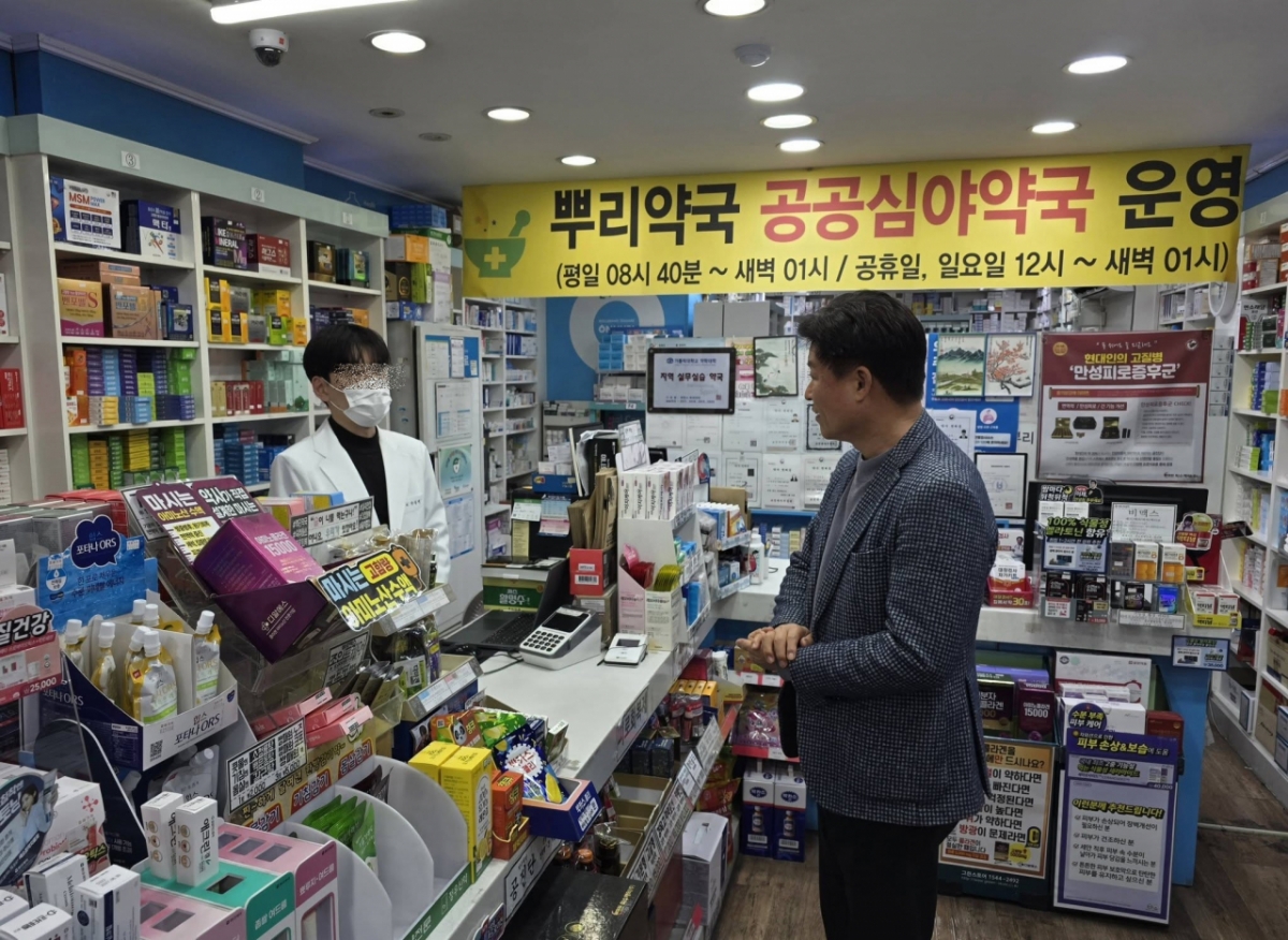 조용익 시장이 지난 17일 공공심야약국을 찾아 의료 서비스 환경 조성에 대해 논의했다./사진제공=부천