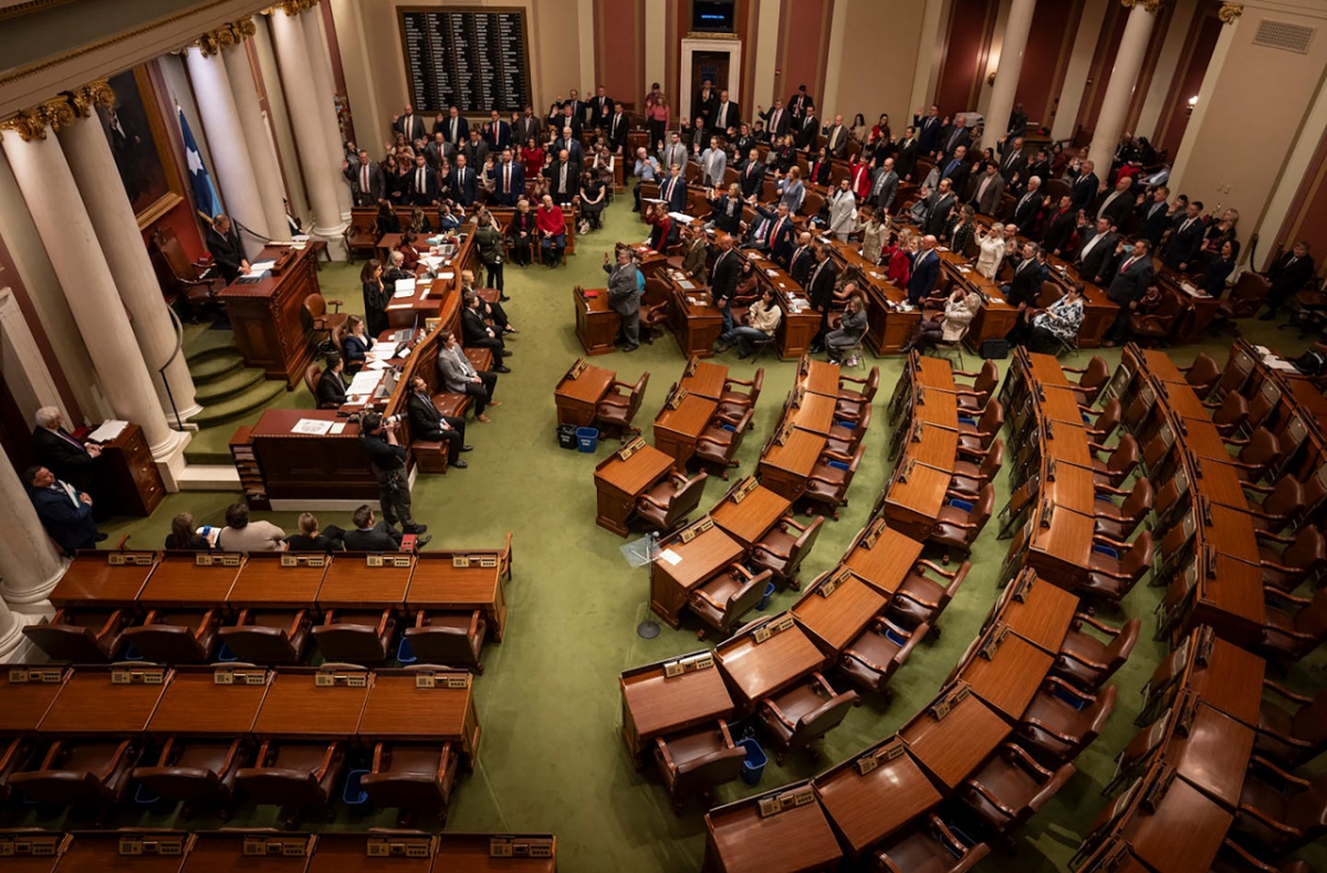 2025년 1월14일(현지시간) 미네소타주 세인트폴의 주의사당에서 열린 주의회 회의에서 민주당 하원의원 의석이 모두 비어진 모습. 민주당 의원들은 이날 공화당에 대한 항의 표시로 모두 회의에 불참했다. /AFPBBNews=뉴스1