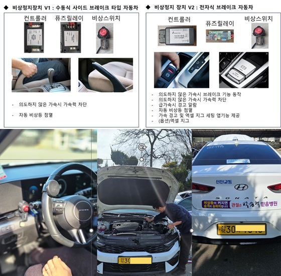 자동차 비상정지 장치(사진 위쪽) 및 실증 진행 차량/사진제공=시너지션