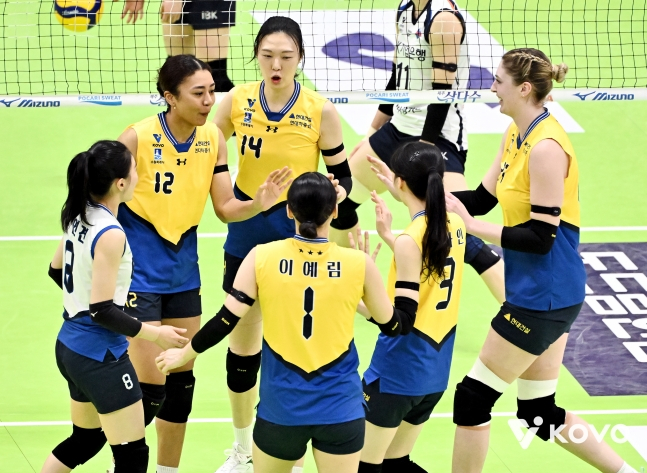 수원 현대건설 선수들이 IBK기업은행전에서 득점 후 함께 기뻐하고 있다. /사진=KOVO 제공