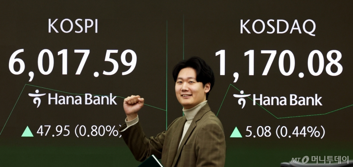 (서울=뉴스1) 최지환 기자 = 코스피 지수가 장 시작과 함께 6000포인트를 돌파한 25일 오전 서울 중구 하나은행 본점 딜링룸 전광판에 증시 시황이 표시되어 있다. 2026.2.25/뉴스1 Copyright © 뉴스1. All rights reserved. 무단 전재 및 재배포, AI학습 이용 금지. /사진=(서울=뉴스1) 최지환 기자