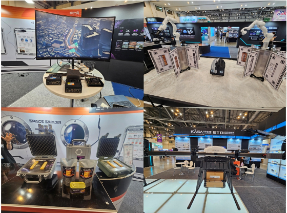 (시계방향순서로)심투리얼의 지형지물 인식 및 시뮬레이션 프로그램, 베이스앤파워시티 달 건설용 로봇, 우주항공청이 그리폰 다이나믹스과 개발한 50kg 적재 드론, 삼진식품의 우주어묵./사진=박기영 기자